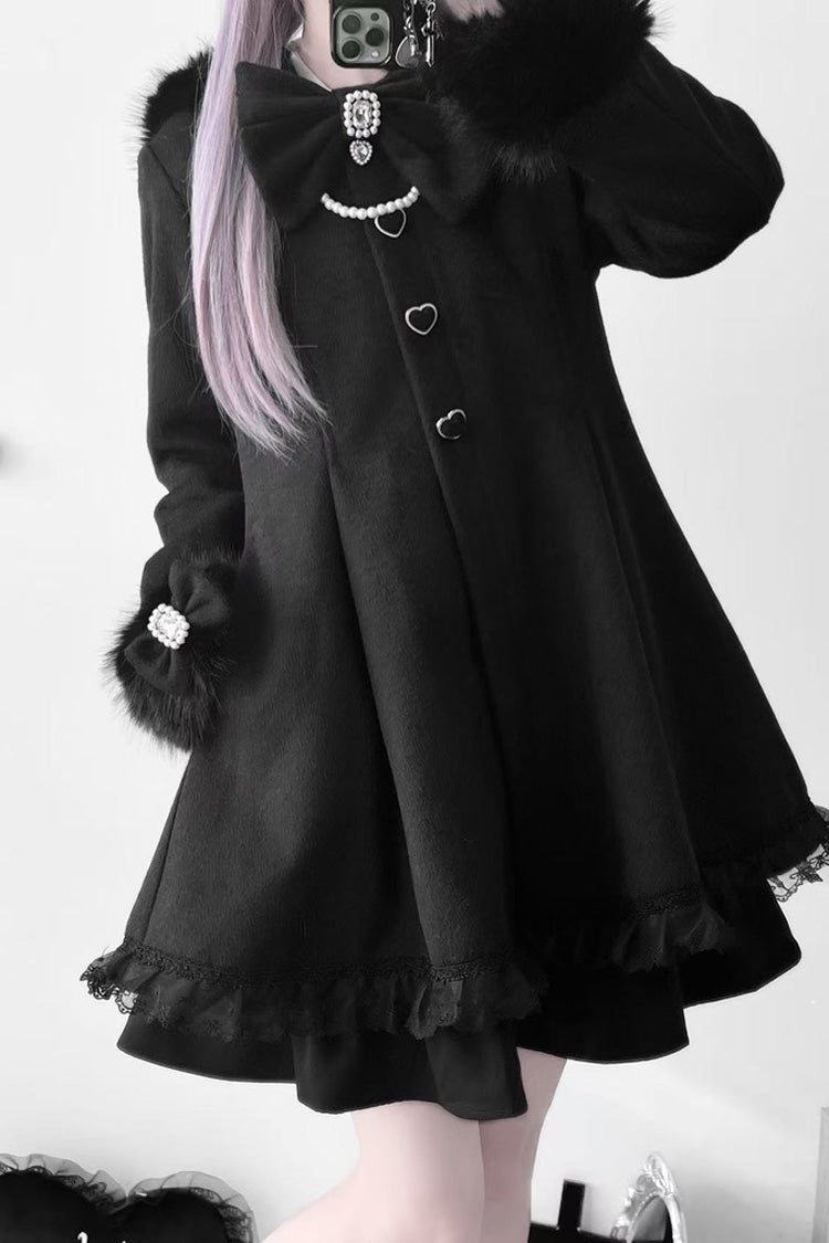 Black Long Sleeves Bowknot Rabbit Ears Detachable Hooded Japanese Jirai Kei Coat - Product - 10