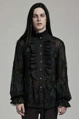 Black Stand Collar Lantern Sleeves Print Ruffle Lace Men's Gothic Blouse - Black - 1