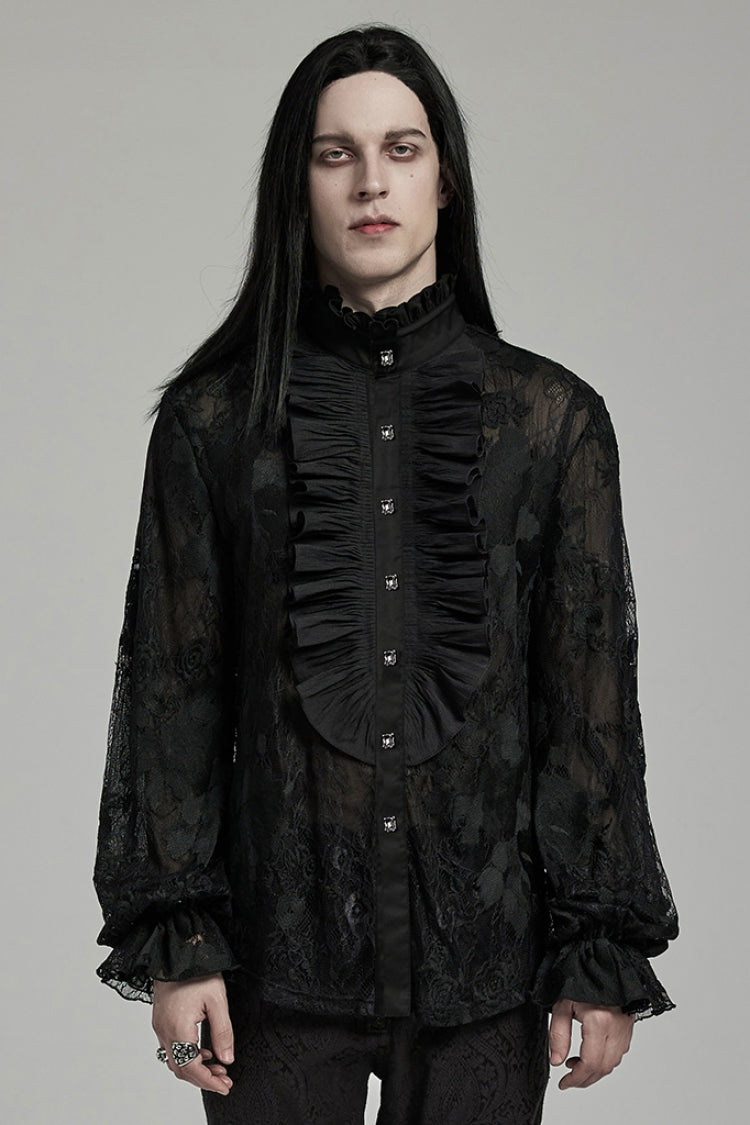 Black Stand Collar Lantern Sleeves Print Ruffle Lace Men's Gothic Blouse - Black - 1