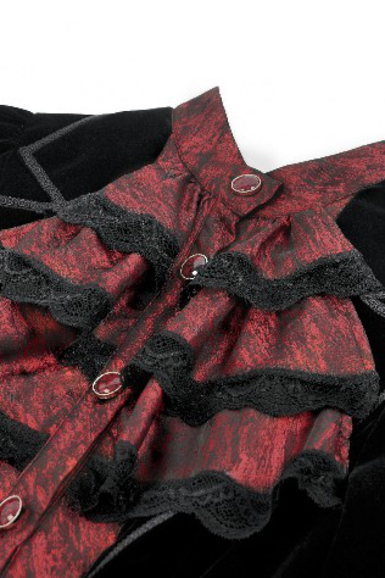 Black/Red Peak Lapel Collar Long Sleeves Multi-Layered Lace Mock Two-piece Women's Gothic Tailcoat - Product - 12