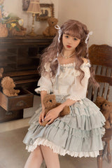 White/Blue Flower Language Multi-layer Ruffle Sweet Lolita Skirt Set - Product - 8