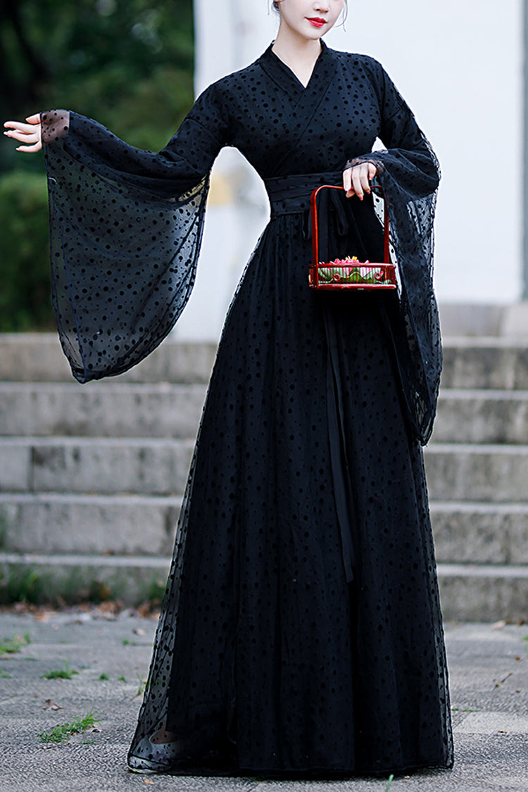 Black Costume Polka Dot Print Classic Hanfu Dress - Black - 1