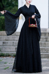 Black Costume Polka Dot Print Classic Hanfu Dress - Black - 1