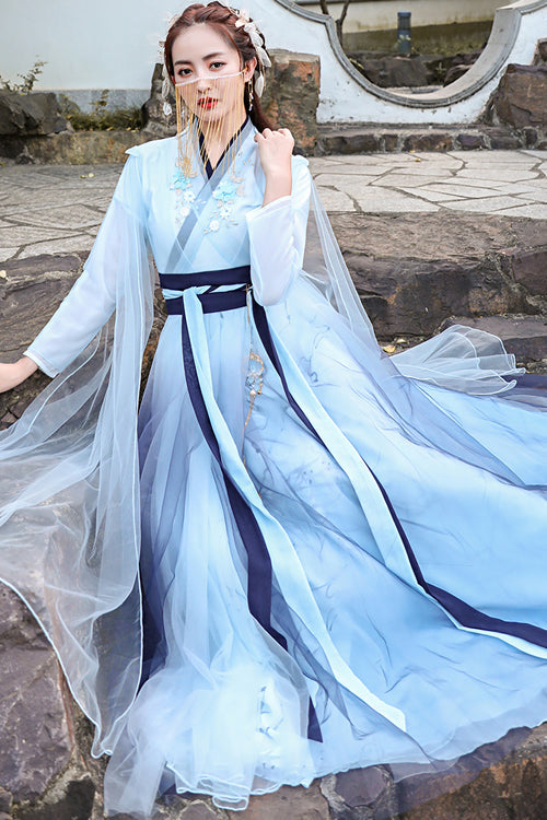 Blue Glazed Chest Embroidered Sweet Hanfu Dress - Product - 4