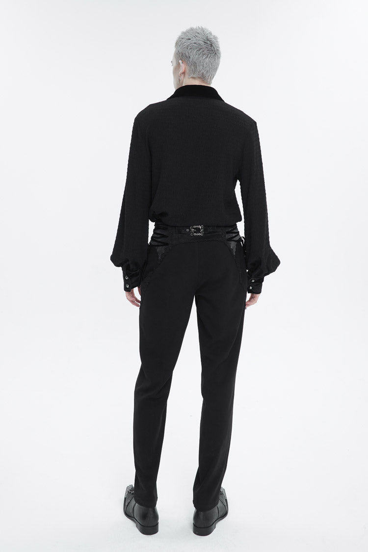 Black Embroidered Chest With Drawstring Strappy Puff Sleeved Men's Gothic Shirt - Product - 4