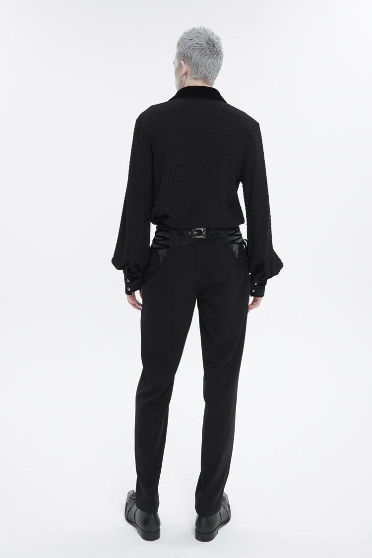 Black Embroidered Chest With Drawstring Strappy Puff Sleeved Men's Gothic Shirt - Product - 4