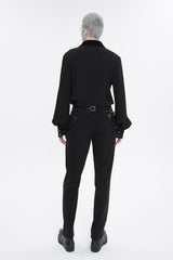 Black Embroidered Chest With Drawstring Strappy Puff Sleeved Men's Gothic Shirt - Product - 4