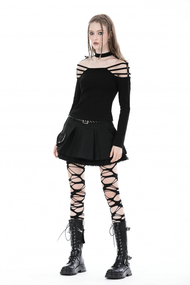 Black Off Shoulder Long Sleeves Cut-Out Buckled Women's Punk Blouse - Product - 6