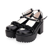 Round Toe Hollow Out Heart Shape Ruffle School Sweet Lolita Shoes - Black - 1