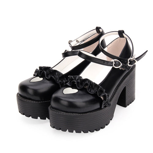 Round Toe Hollow Out Heart Shape Ruffle School Sweet Lolita Shoes - Black - 1