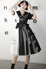 Black/White Stitching Chinese Style Bamboo Print High Waisted Sweet Lolita Dress - Product - 2