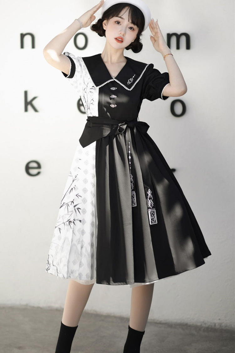 Black/White Stitching Chinese Style Bamboo Print High Waisted Sweet Lolita Dress - Product - 2