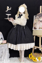 Black [Heart of Rose] High Waisted Ruffle Embroidery Lace-Up Sweet Vintage Elegant Palace Lolita Skirt - Product - 10