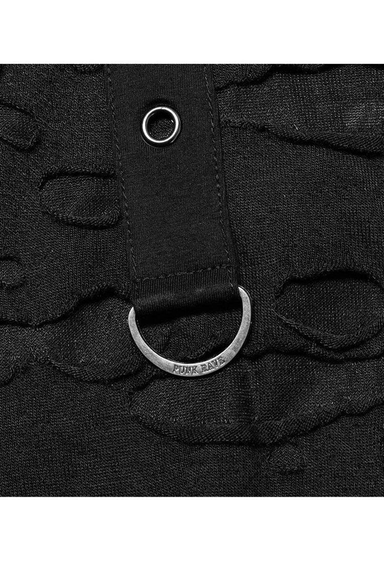 Black Gothic Broken Holes Knitted Fabric Stitching Metal Buckle Detachable Decorative Tape Long Sleeve Men's T-Shirt - Product - 6