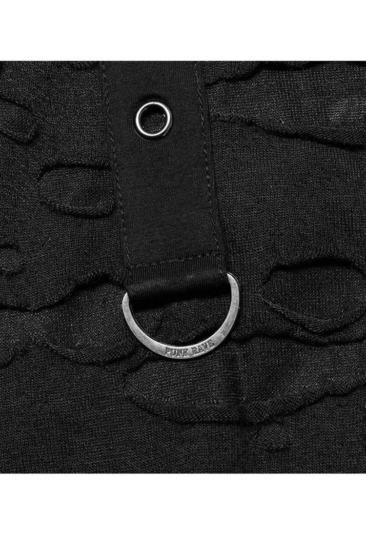 Black Gothic Broken Holes Knitted Fabric Stitching Metal Buckle Detachable Decorative Tape Long Sleeve Men's T-Shirt - Product - 6