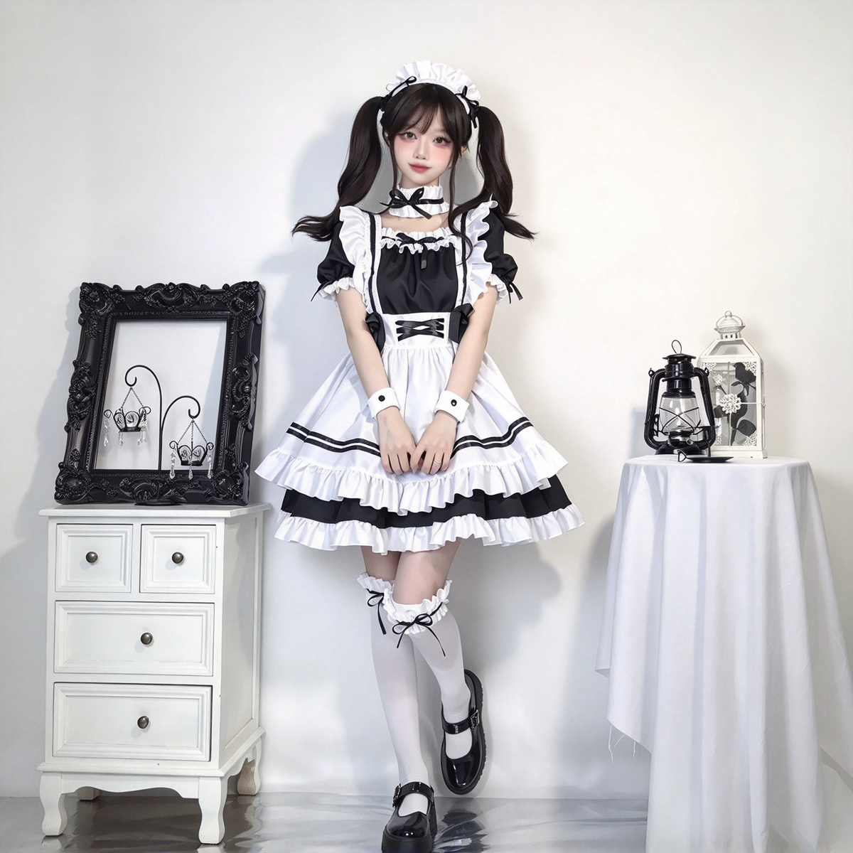 Pink and Black Ruffled Maid Lolita Dress with Apron Bow Accent - view 7