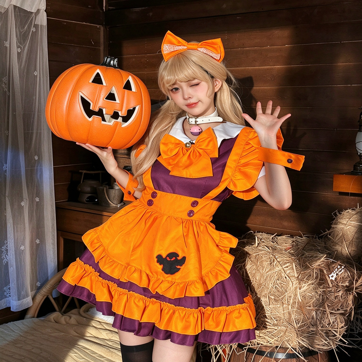 Purple Orange Lace Tiered Lolita Jumper Dress with Ghost - view 5