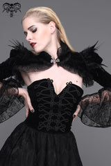Black High Collar Long Trumpet Sleeves Printed Lace Pleated Women's Vintage Punk Jacket - Product - 6