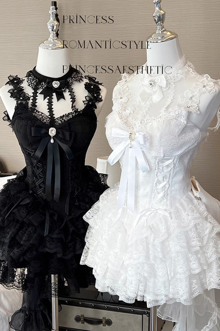White Multi-layer Ruffle Hanayome Bowknot Lace Sweet Mini Lolita Skirt Dress - Product - 7