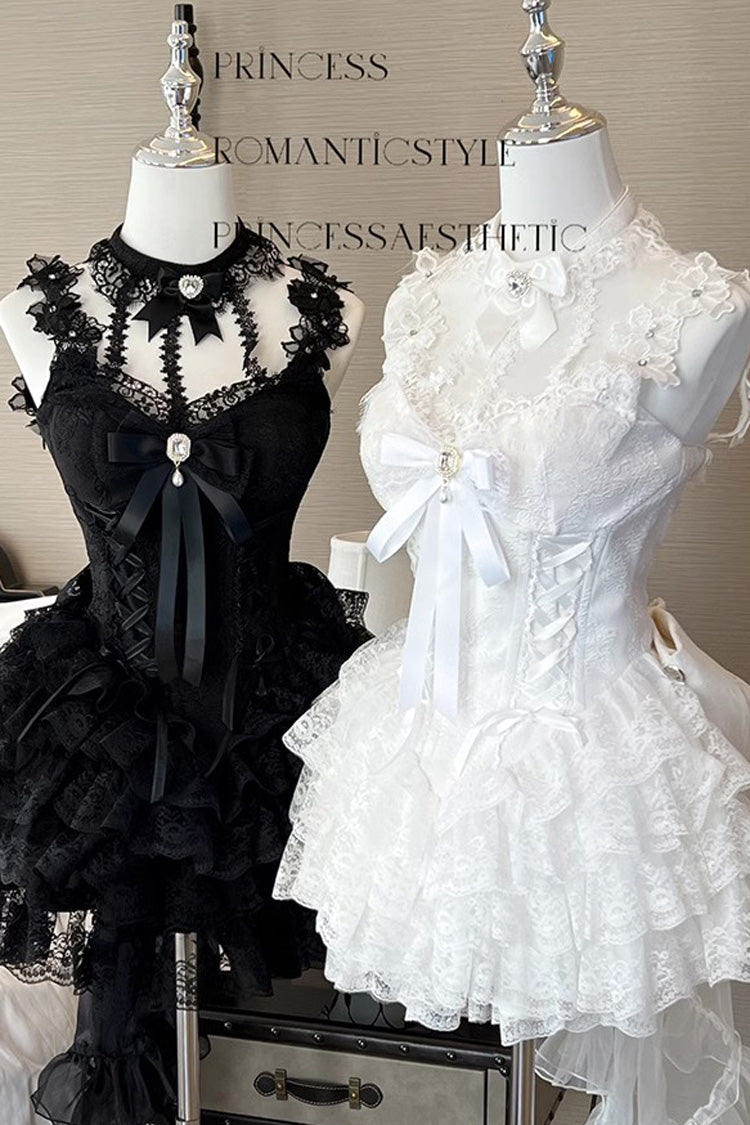 Black Multi-layer Ruffle Hanayome Bowknot Lace Gothic Mini Lolita Skirt Dress - Product - 3