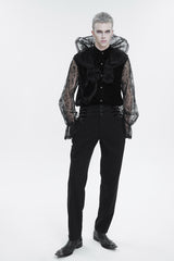 Black Lotus Leaf Stand Collar Semitransparent Lace Long Sleeved Men's Gothic Shirt - Product - 2