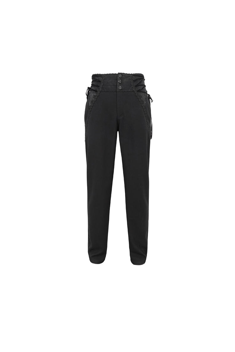 Black Lace Trim Embellished High Waisted Men's Gothic Pants - Product - 5