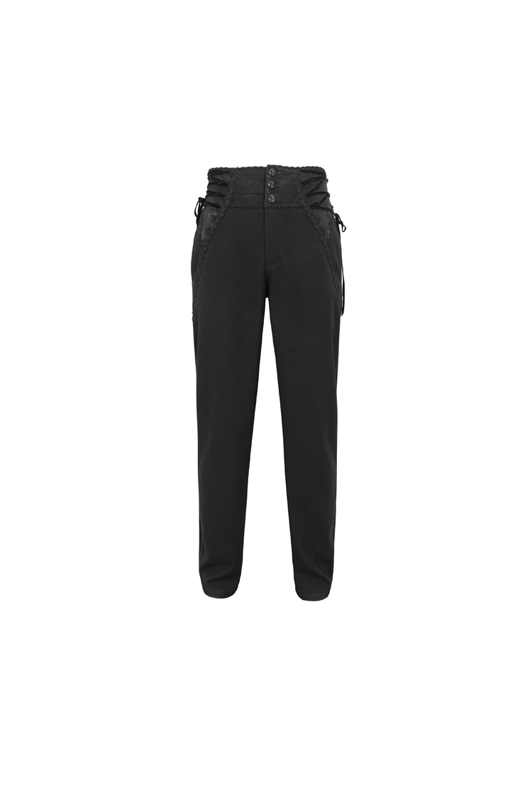 Black Lace Trim Embellished High Waisted Men's Gothic Pants - Product - 5