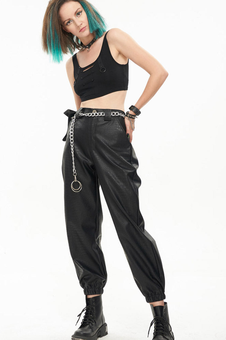 Black Gothic Crocodile Pattern Metal Chain Design Lantern Leather Women's Pants - Product - 6