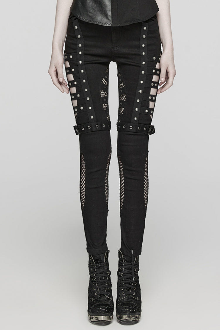 Black Mesh Women's Punk Cutout Eyelet Jeans - Black - 1