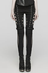 Black Mesh Women's Punk Cutout Eyelet Jeans - Black - 1