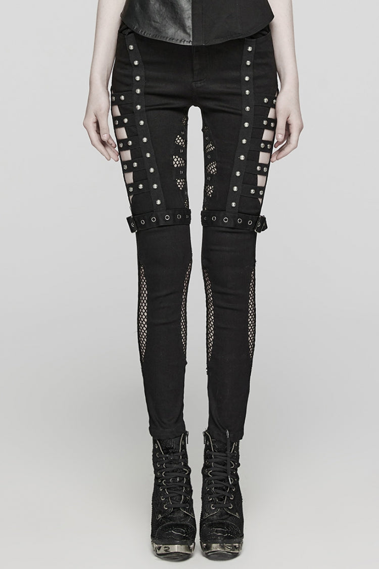 Black Mesh Women's Punk Cutout Eyelet Jeans - Black - 1