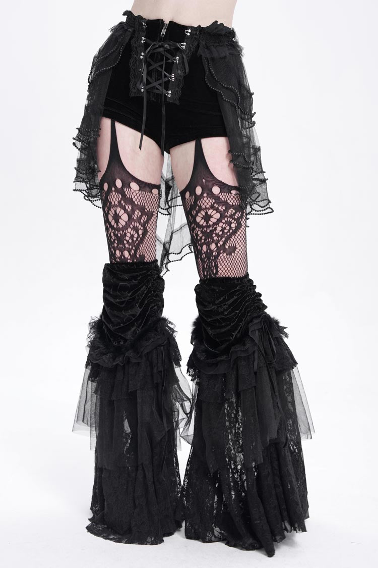 Black Ruffle Stitching Lace-Up Mesh Women's Gothic Shorts - Product - 3