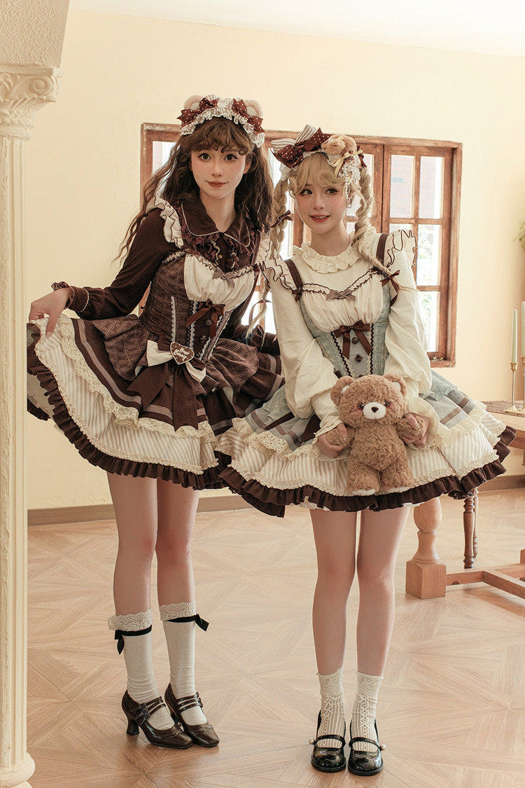 Sweet Square Collar Sleeveless Multi-Layered Printed Ruffled Bow Fishbone Lolita Dress 2 Colors (Mint Green, Chocolate Brown) - Mint-Green - 1