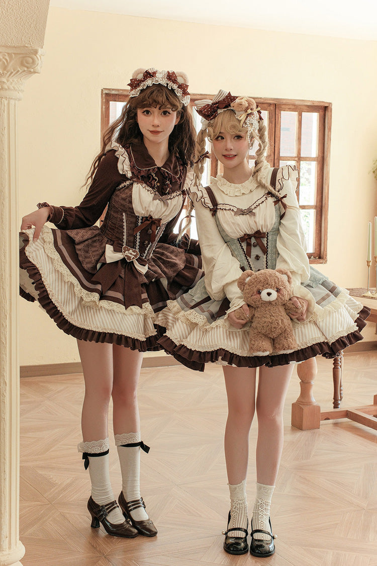 Sweet Square Collar Sleeveless Multi-Layered Printed Ruffled Bow Fishbone Lolita Dress 2 Colors (Mint Green, Chocolate Brown) - Mint-Green - 1