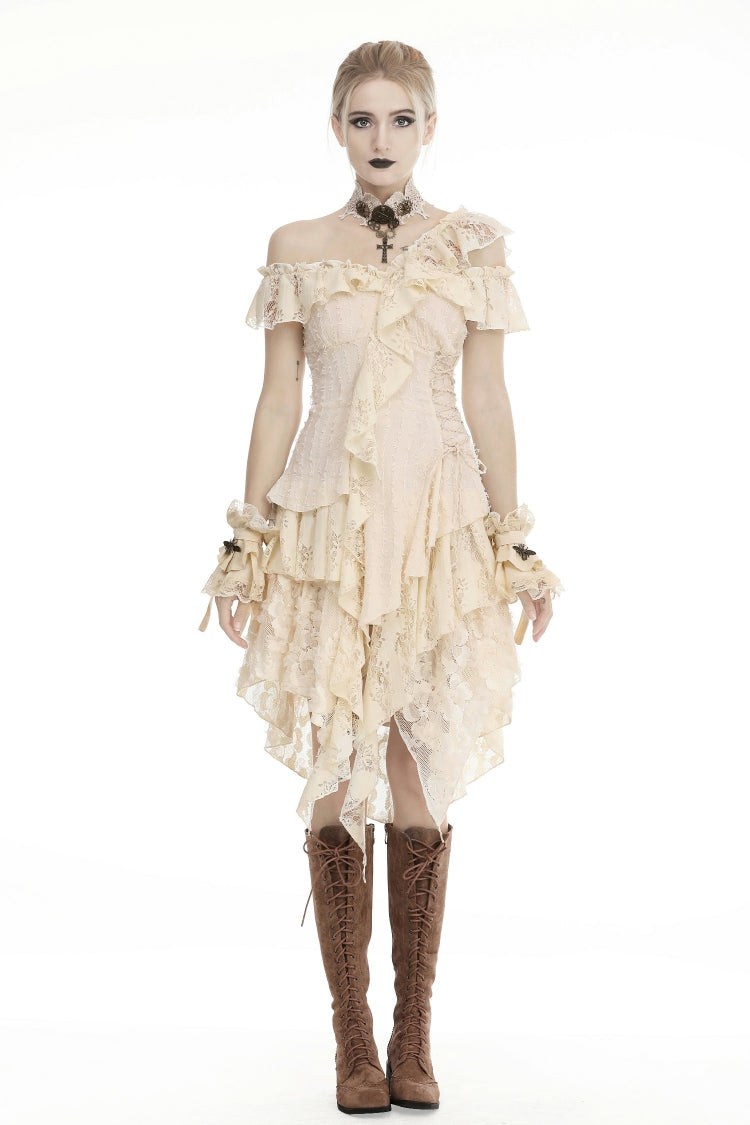Beige Irregular Multi-Layered Ruffled Lace Women's Steampunk Vintage Dress - Product - 5