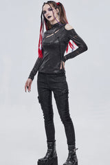 Bronzer Punk Cracked Stretch Knitted Fabric Chest Cutout Design Buckle Strap Decoration Long Sleeves Women's Shirt - Product - 7