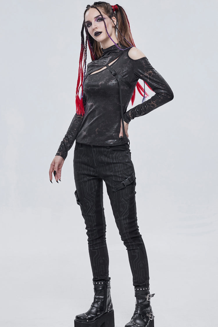 Bronzer Punk Cracked Stretch Knitted Fabric Chest Cutout Design Buckle Strap Decoration Long Sleeves Women's Shirt - Product - 7