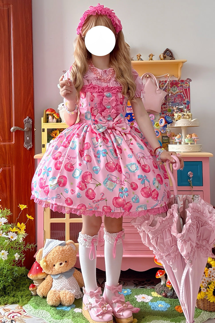 Pink [Cherry Sweet Ice] Print Ruffle Bowknot Lace Sweet Lolita Jsk Dress - Product - 3