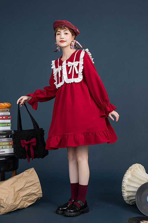 Red Doll Collar Ruffled Long Sleeves Relaxed Waist Sweet Lolita OP Dress - Product - 3