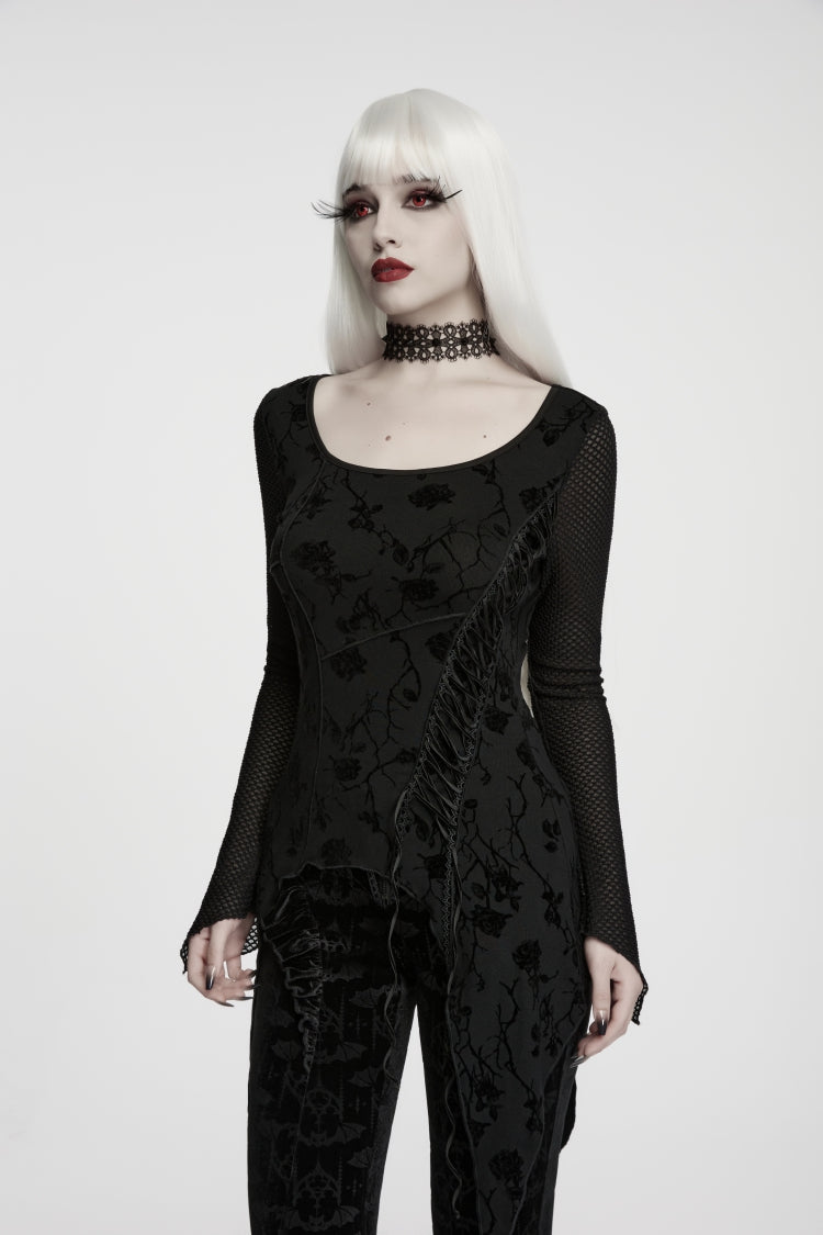 Black Round Collar Long Sleeves Jacquard Lace-Up Asymmetric Women's Gothic Elegant Top - Product - 6