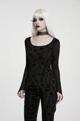 Black Round Collar Long Sleeves Jacquard Lace-Up Asymmetric Women's Gothic Elegant Top - Product - 6