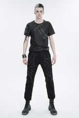 Black Vintage Print Buckle Splice Faux Leather Men's Punk T-Shirt - Product - 3