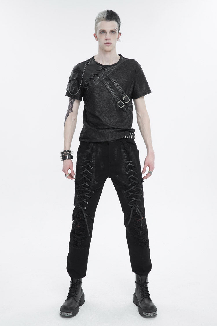 Black Vintage Print Buckle Splice Faux Leather Men's Punk T-Shirt - Product - 3