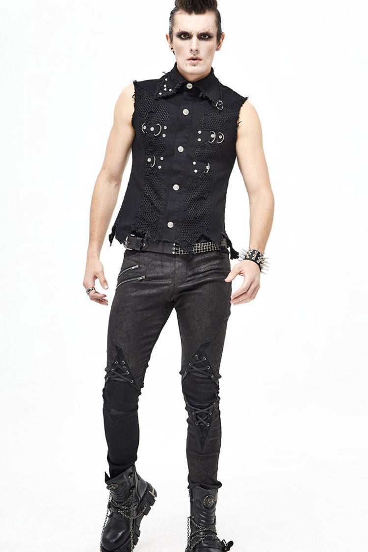 Black Worn Out Twill Mesh Decoration Rough Selvedge Hem Heavy Metal Men's Punk Waistcoat - Product - 7