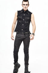 Black Worn Out Twill Mesh Decoration Rough Selvedge Hem Heavy Metal Men's Punk Waistcoat - Product - 7