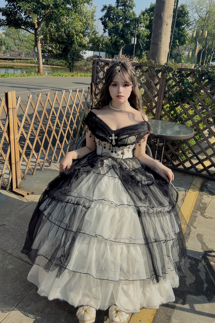 Black/White Ruffle Hanayome Lace Lace-Up Gothic Plus Size Lolita Jsk Dress (Long Version) - Product - 5