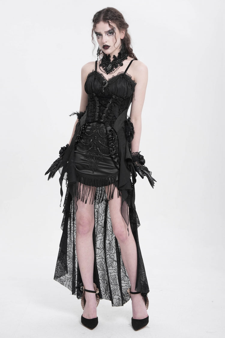 Black Embroidery Stitching Lace Mesh Women's Gothic Skirt With Train - Product - 5