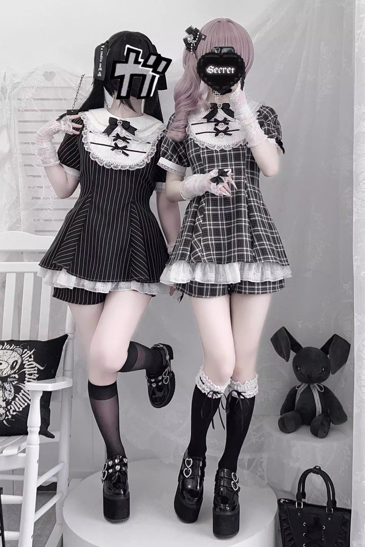 [Moonlight Whispers] Jirai Kei Rabbit Ears Doll Collar Short Sleeves Printed Ruffled Bow Lace Gothic Japanese Dress Shorts Set 2 Colors - Product - 12