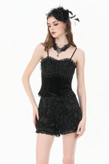 Black 3D Floral Jacquard Lace-Trimmed Women's Gothic Mini Shorts - Product - 7