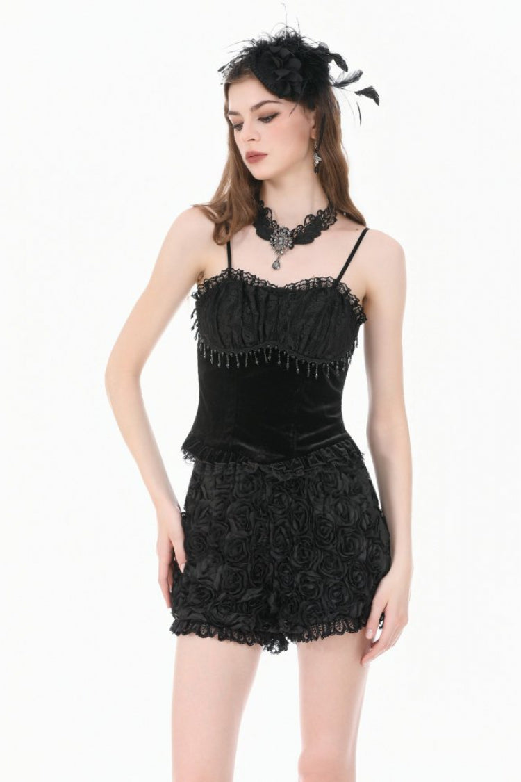 Black 3D Floral Jacquard Lace-Trimmed Women's Gothic Mini Shorts - Product - 7